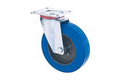 Transportzwenkwiel, Ø160x50 mm, blauw elast. rubber band, zwarte velg, rollager, verzinkte gaffel BH 195 mm, plaat 135x110 mm, steek 105x75/80 mm, DrVm 300 kg, ongeremd