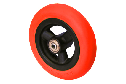 Wiel met PU band rood, Softroller, 6 x 1¼ (Ø150x30), glad profiel, velg kunst. zwart, 3 holle spaken, ongeremd, naaflengte 36mm, kogellagers (2x), niet verdiept, asgat 8mm