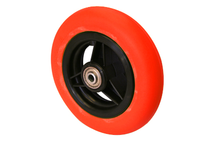 Wiel met PU band rood, Softroller, 6 x 1¼ (Ø150x30), glad profiel, velg kunst. zwart, 3 spaken ongeremd, naaflengte 36mm, kogellagers (2x), niet verdiept, asgat 8mm