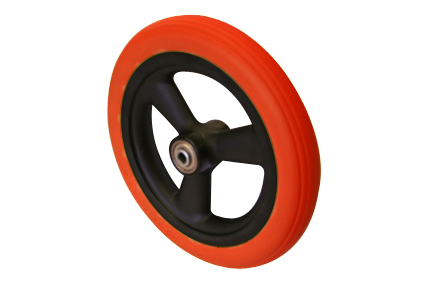 Wiel met PU band rood, 8 x 1¼ (Ø200x30), lijnprofiel, velg kunst. zwart, 3 holle spaken ongeremd, naaflengte 45mm, kogellagers (2x), niet verdiept, asgat 8mm