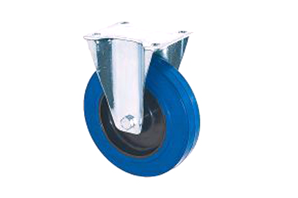 Bokwiel, Ø160x50 mm, blauwe elast. rubber band, zwarte velg, rollager, verzinkte gaffel BH 195 mm, plaat 135x110 mm, steek 105x75/80 mm, DrVm 300 kg, ongeremd