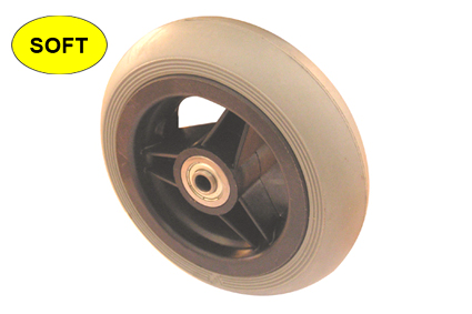 Wiel met rubber band grijs, soft 70 gr shore, Ø140x37, glad profiel, velg kunst. zwart, 5 spaken ongeremd, naaflengte 45mm, kogellagers (2x), niet verdiept, asgat 8mm