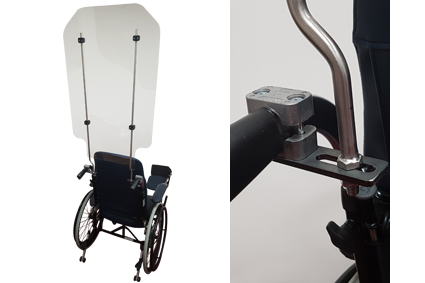 Anti-corona-scherm, universeel hygienescherm t.b.v. bevestiging aan achterkant rolstoel. Wordt geleverd met klemblokken voor buis 22 mm en 25 mm.
