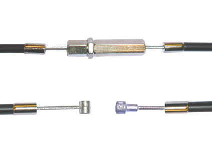 Rollatorkabel, remkabel met verstelmogelijkheid dmv kabelverlenger, peer nippel, totale lengte 1050 mm, bestaande uit kabel 410 mm en kabel 510 mm, kabelverlenger en ton Ø6x7 mm