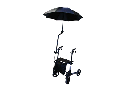 Paraplu zwart, incl. demontabele montageset, inklapbaar, instelbaar, beschermt tegen zon en regen. Kwaliteitsparaplu zwart Ø105cm, uitermate geschikt voor rollator en rolstoel.